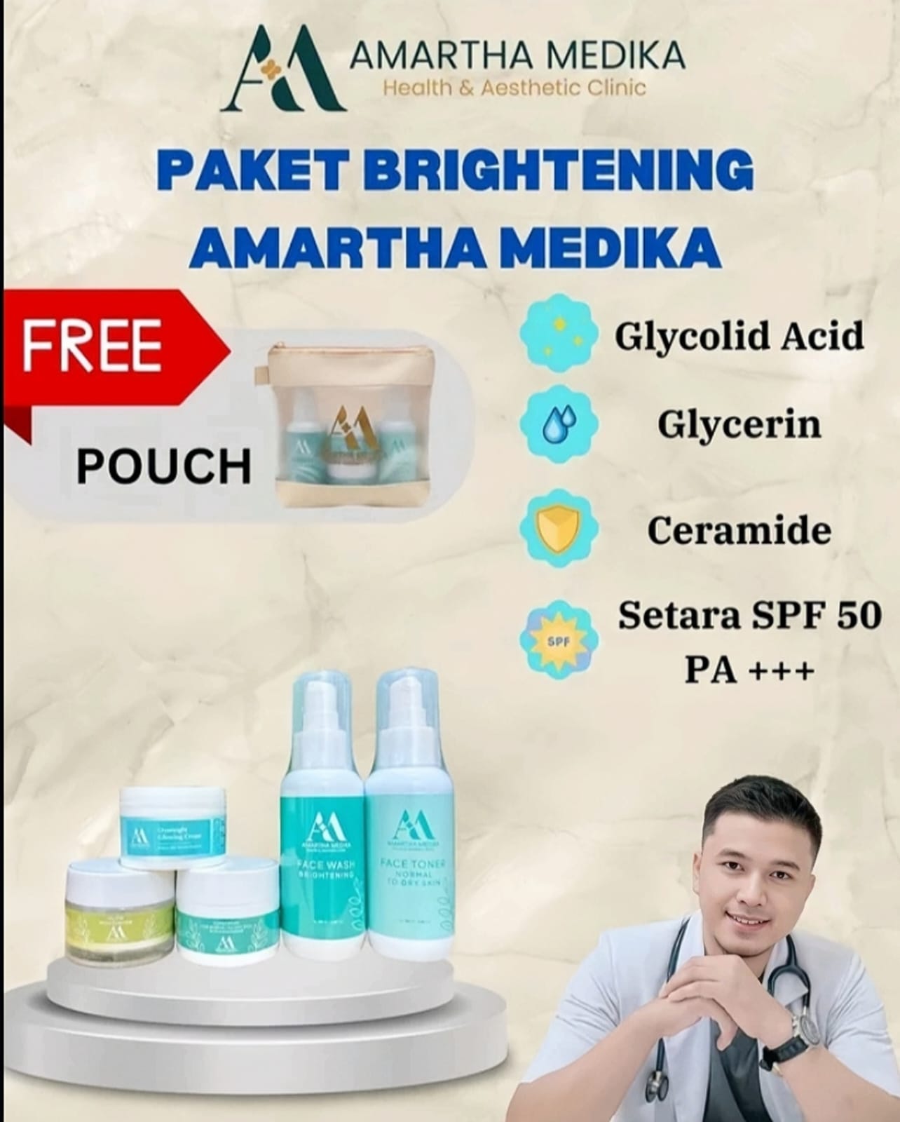 Produk Skincare Paket Brightening (Face wash, Toner, Glow Moisturizer, Sunscreen Normal To DRY & Cream Malam) dari Amartha Medika